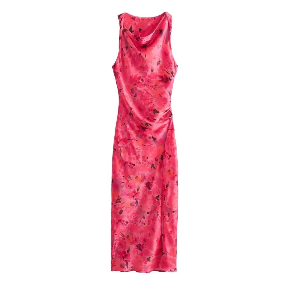 Sleeveless Pink Floral Cowl-Neck Maxi Dress